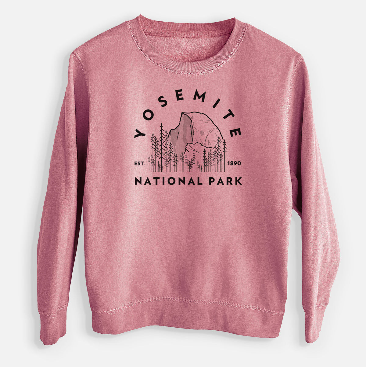 Mauve pink youth crewneck sweatshirt laid flat, printed with a round badge of Half Dome and pine trees, with the words Yosemite National Park, Est. 1890.