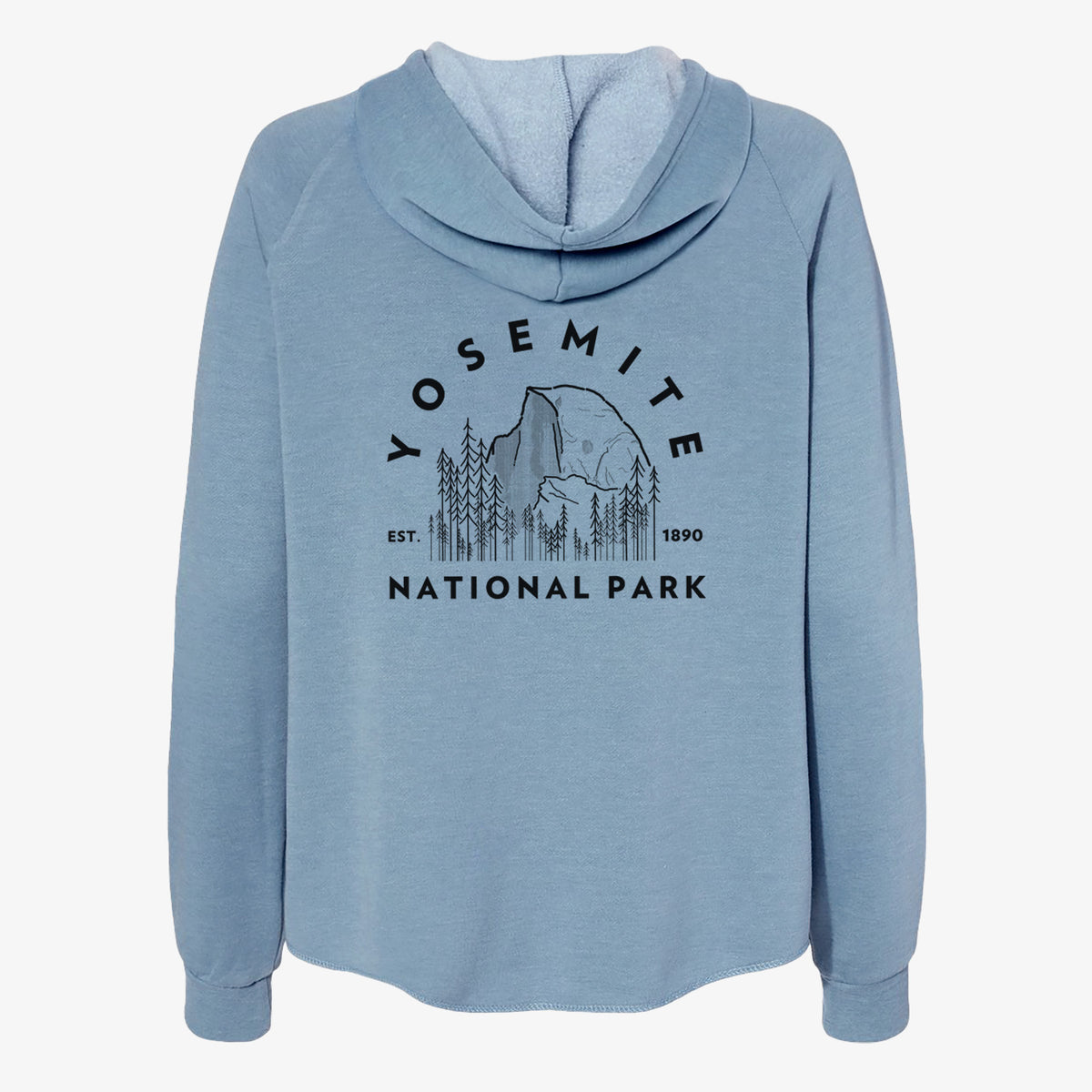 Misty blue women's Cali Wave zip-up sweatshirt laid flat, printed with a round badge of Half Dome and pine trees, with the words Yosemite National Park, Est. 1890.