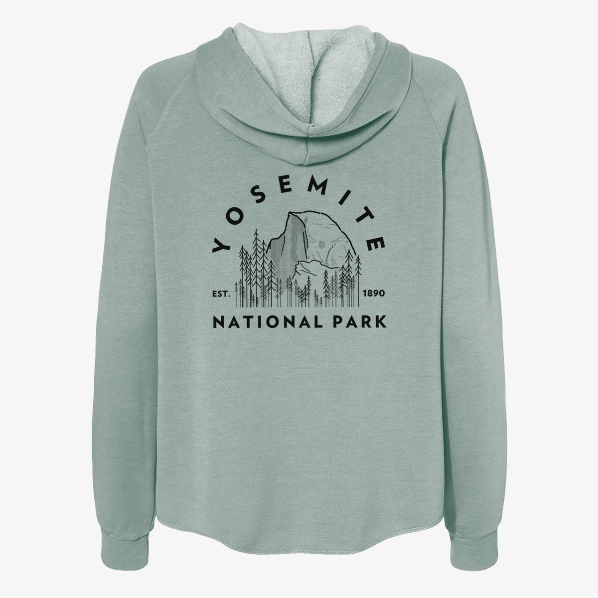 Sage green women's Cali Wave zip-up sweatshirt laid flat, printed with a round badge of Half Dome and pine trees, with the words Yosemite National Park, Est. 1890.