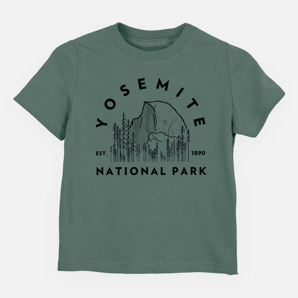 Basil green toddler t-shirt laid flat, printed with a round badge of Half Dome and pine trees, with the words Yosemite National Park, Est. 1890.