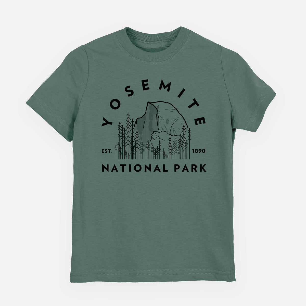 Basil green youth t-shirt laid flat, printed with a round badge of Half Dome and pine trees, with the words Yosemite National Park, Est. 1890.
