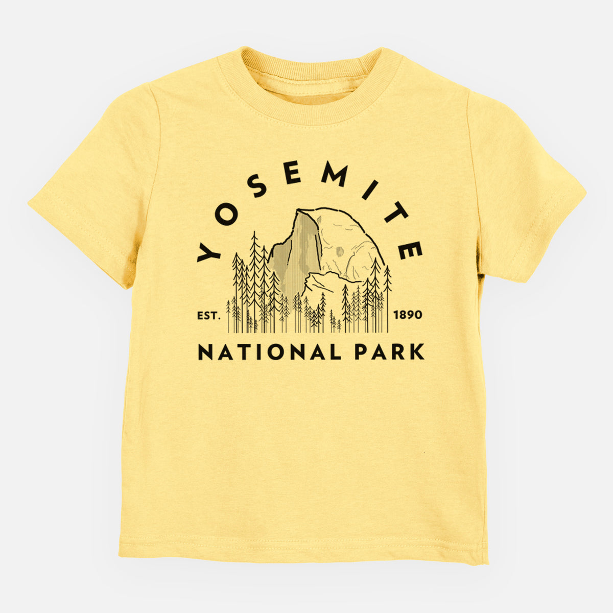 Butter yellow toddler t-shirt laid flat, printed with a round badge of Half Dome and pine trees, with the words Yosemite National Park, Est. 1890.