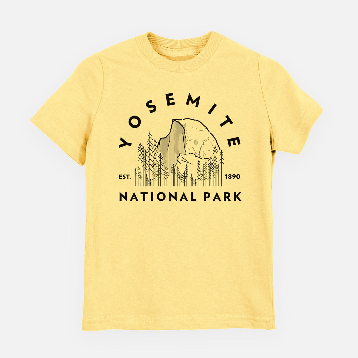Butter yellow youth t-shirt laid flat, printed with a round badge of Half Dome and pine trees, with the words Yosemite National Park, Est. 1890.