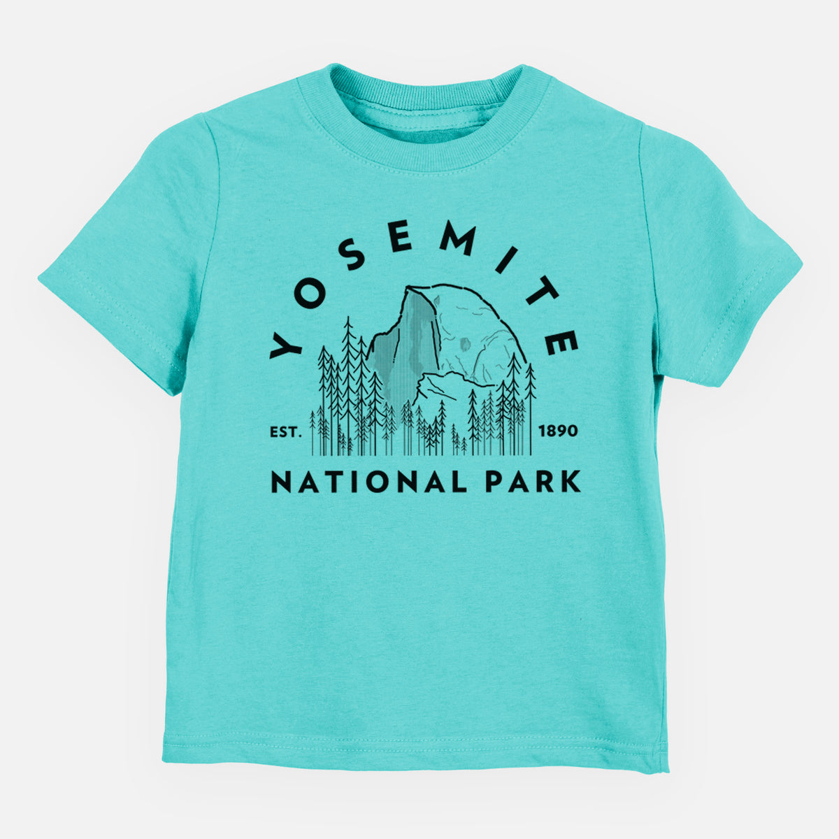 Caribbean blue toddler t-shirt laid flat, printed with a round badge of Half Dome and pine trees, with the words Yosemite National Park, Est. 1890.