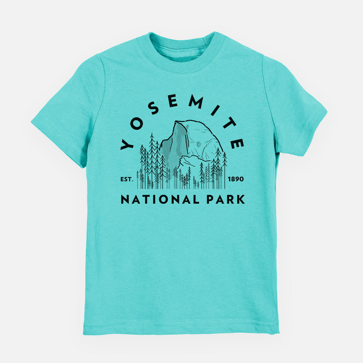 Caribbean blue youth t-shirt laid flat, printed with a round badge of Half Dome and pine trees, with the words Yosemite National Park, Est. 1890.