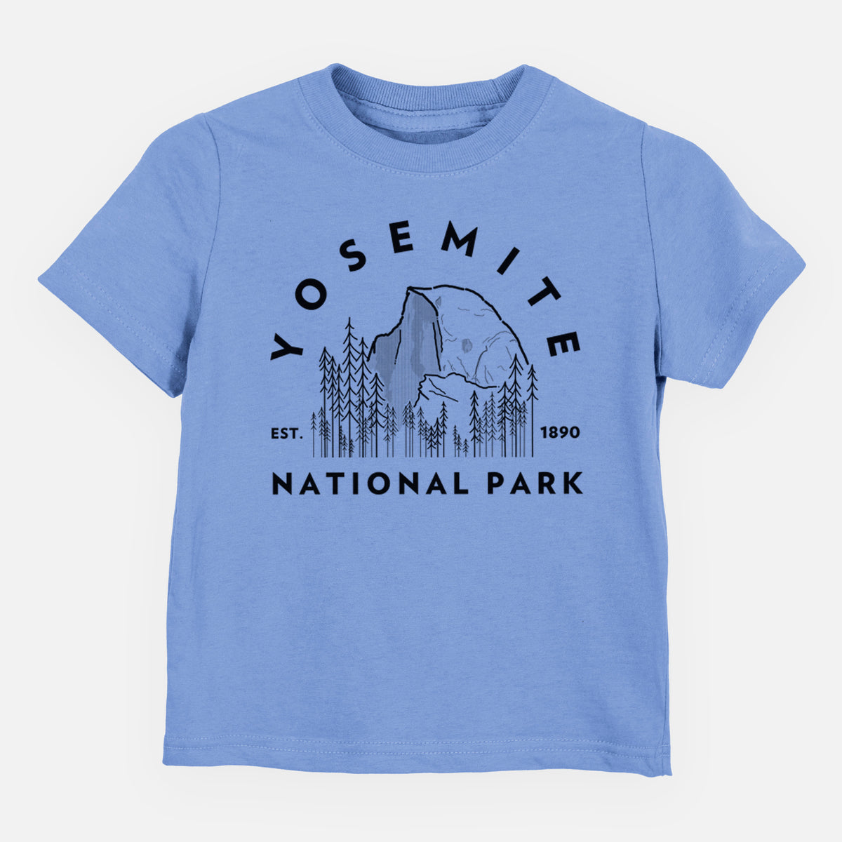 Carolina blue toddler t-shirt laid flat, printed with a round badge of Half Dome and pine trees, with the words Yosemite National Park, Est. 1890.