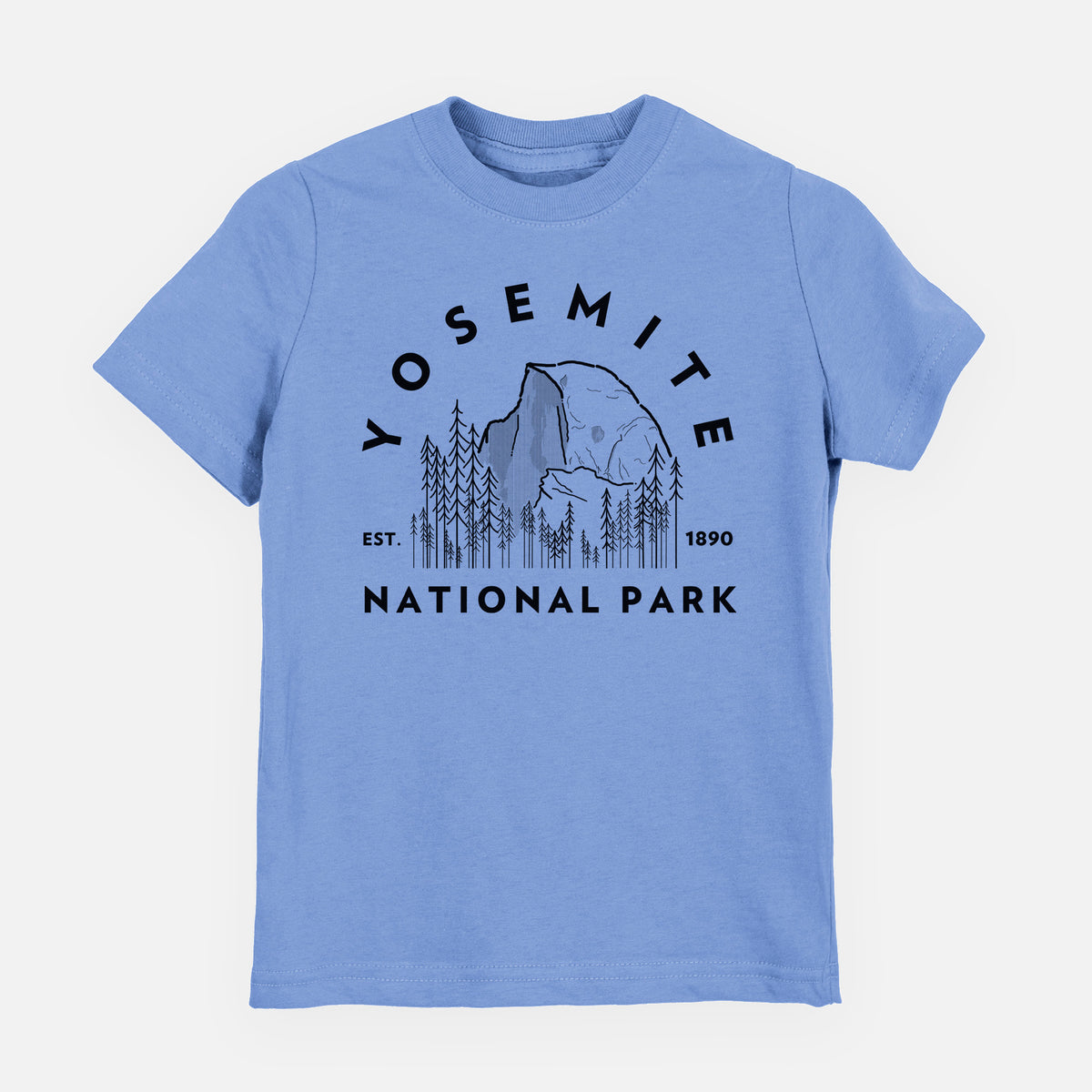 Carolina blue youth t-shirt laid flat, printed with a round badge of Half Dome and pine trees, with the words Yosemite National Park, Est. 1890.