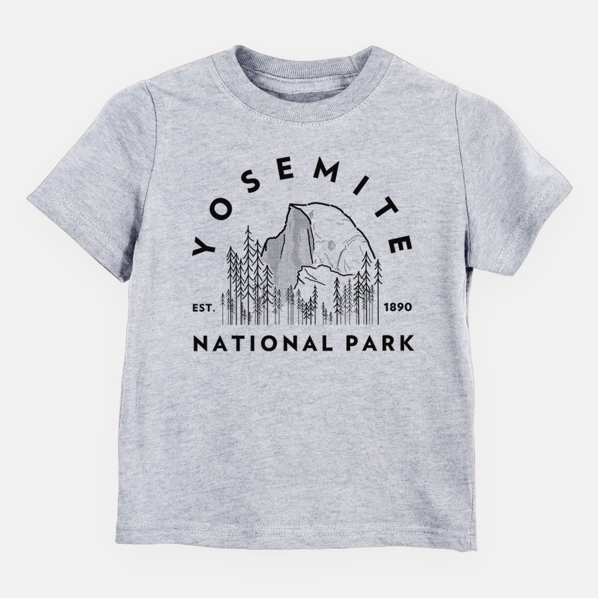 Heather grey toddler t-shirt laid flat, printed with a round badge of Half Dome and pine trees, with the words Yosemite National Park, Est. 1890.