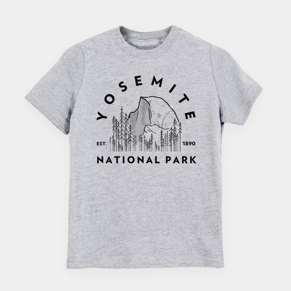 Heather grey youth t-shirt laid flat, printed with a round badge of Half Dome and pine trees, with the words Yosemite National Park, Est. 1890.