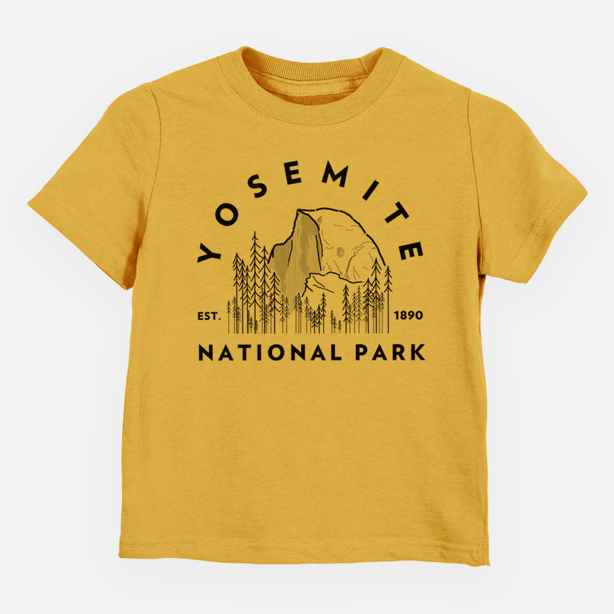 Honeycomb yellow toddler t-shirt laid flat, printed with a round badge of Half Dome and pine trees, with the words Yosemite National Park, Est. 1890.