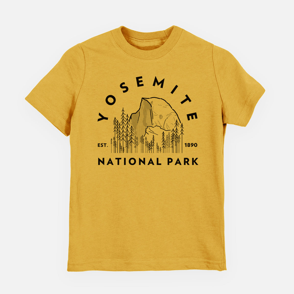Honeycomb yellow youth t-shirt laid flat, printed with a round badge of Half Dome and pine trees, with the words Yosemite National Park, Est. 1890.