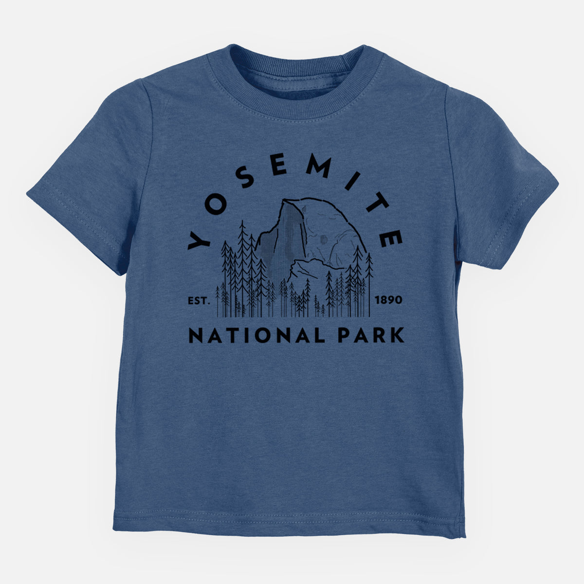 Indigo blue toddler t-shirt laid flat, printed with a round badge of Half Dome and pine trees, with the words Yosemite National Park, Est. 1890.