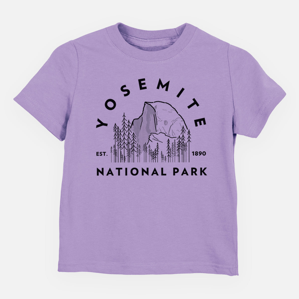 Lavender toddler t-shirt laid flat, printed with a round badge of Half Dome and pine trees, with the words Yosemite National Park, Est. 1890.