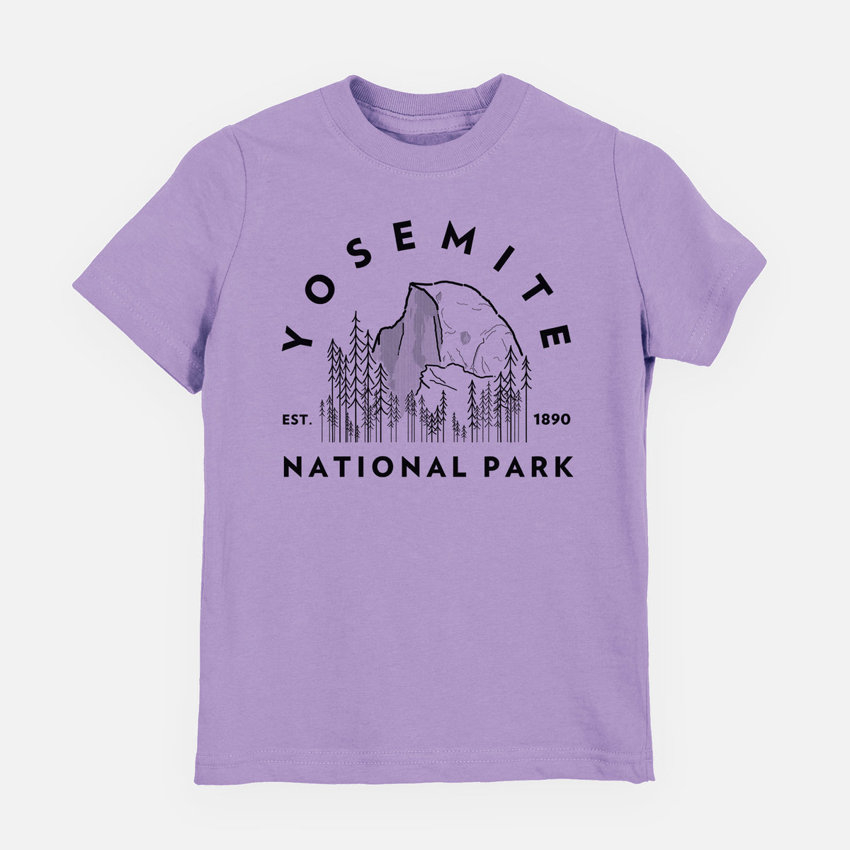 Lavender youth t-shirt laid flat, printed with a round badge of Half Dome and pine trees, with the words Yosemite National Park, Est. 1890.
