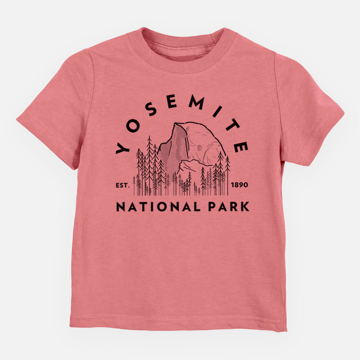 Mauve pink toddler t-shirt laid flat, printed with a round badge of Half Dome and pine trees, with the words Yosemite National Park, Est. 1890.