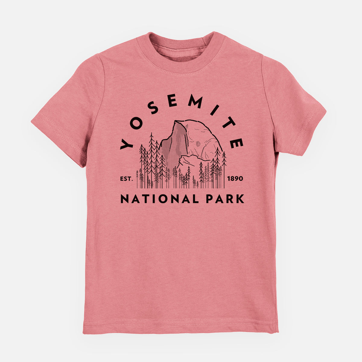 Mauve pink youth t-shirt laid flat, printed with a round badge of Half Dome and pine trees, with the words Yosemite National Park, Est. 1890.