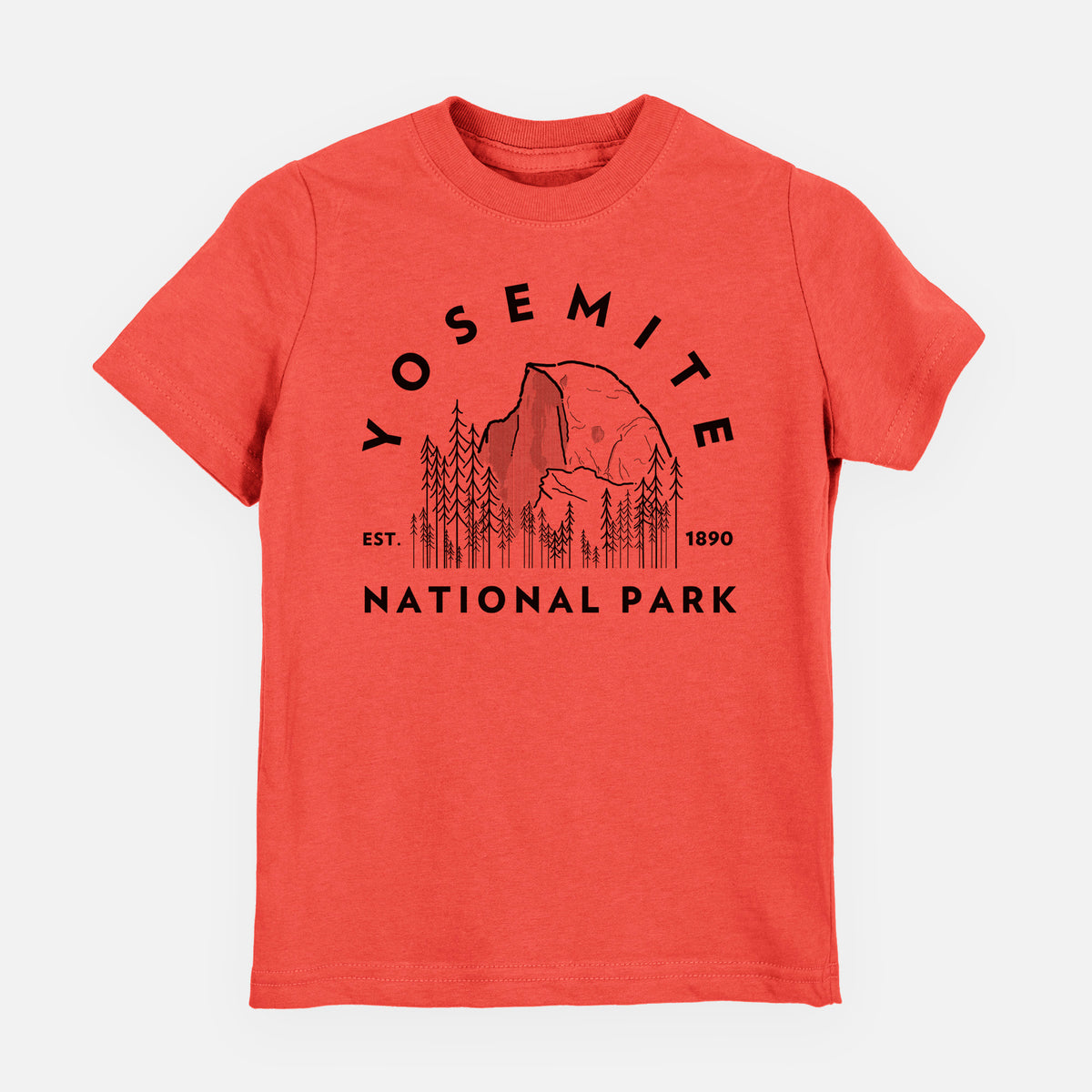 Passionfruit pink youth t-shirt laid flat, printed with a round badge of Half Dome and pine trees, with the words Yosemite National Park, Est. 1890.