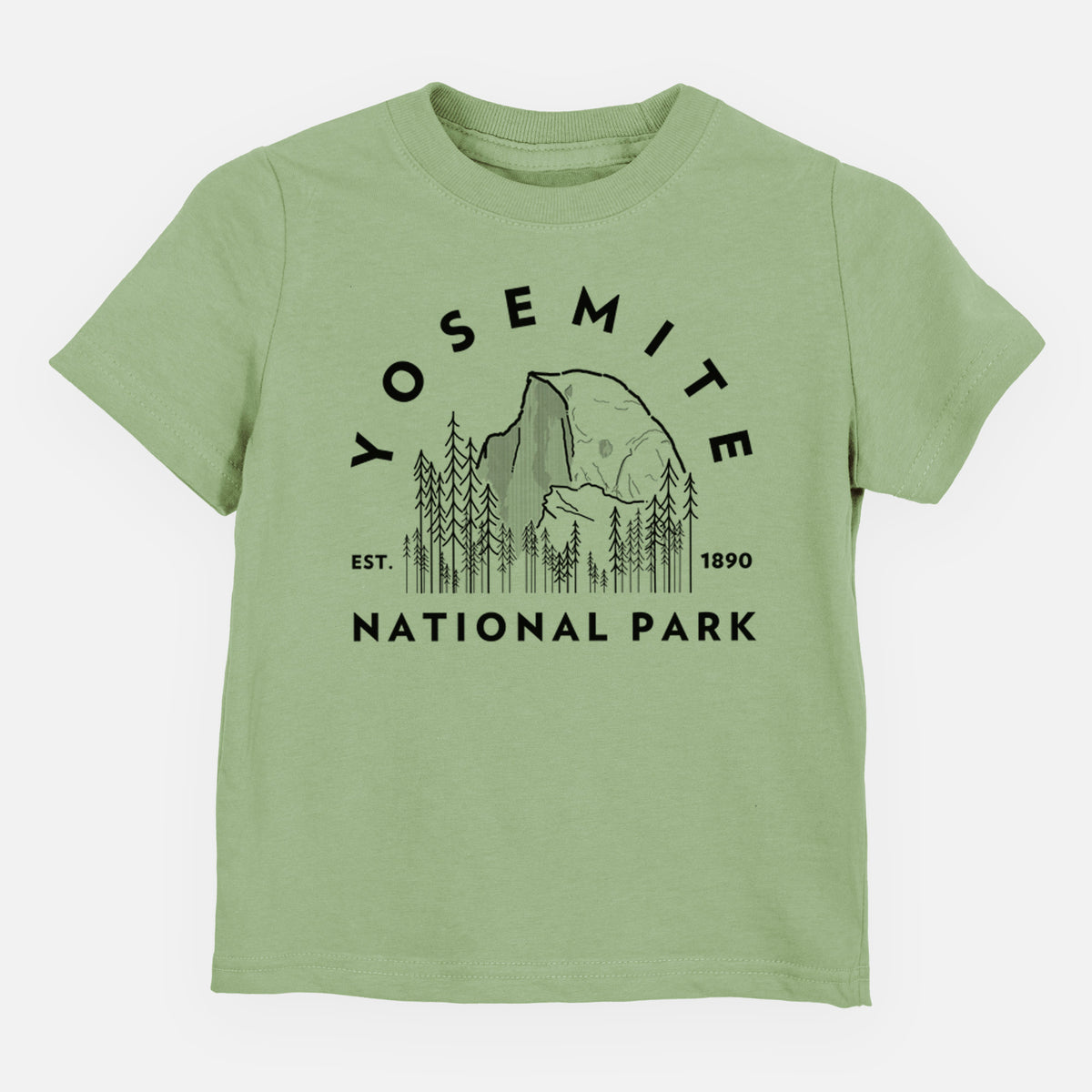 Sage green toddler t-shirt laid flat, printed with a round badge of Half Dome and pine trees, with the words Yosemite National Park, Est. 1890.