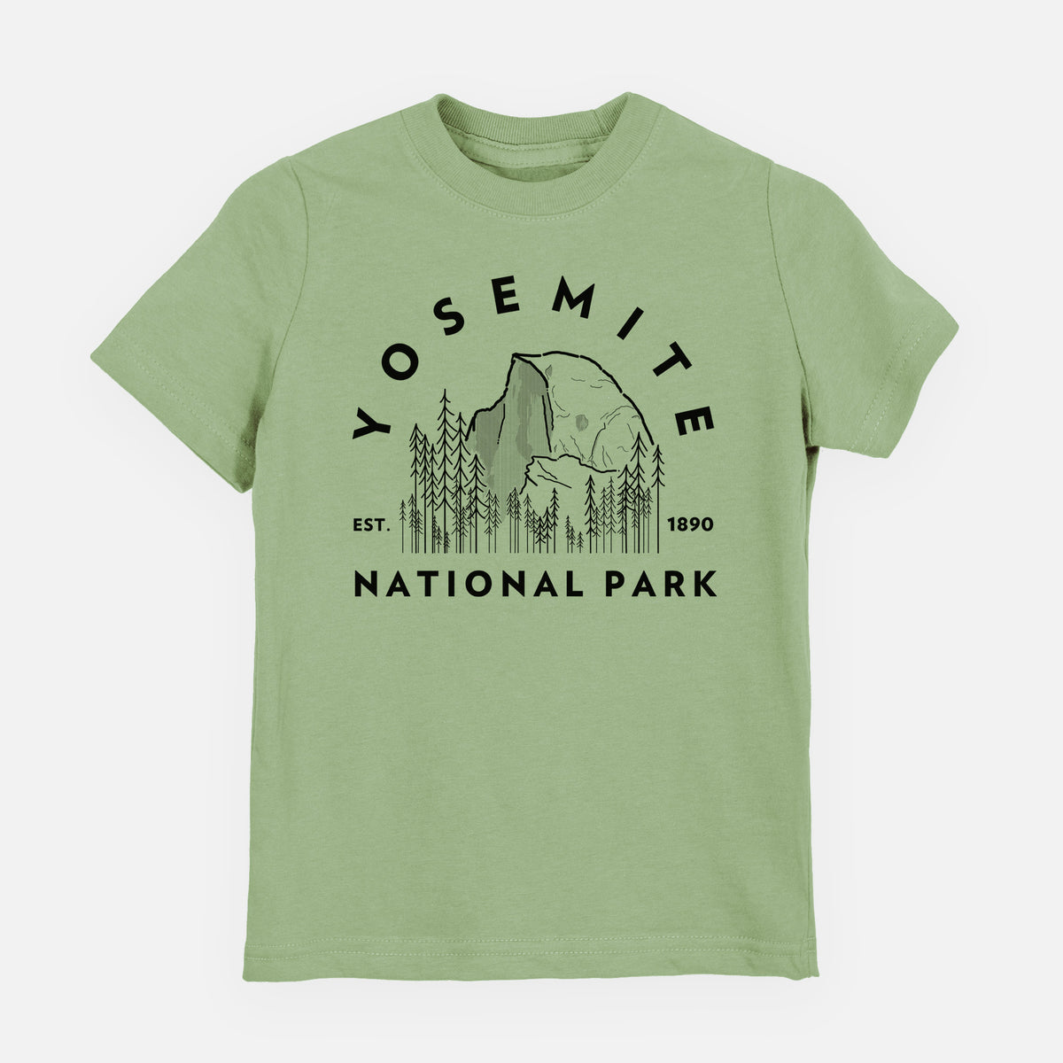 Sage green youth t-shirt laid flat, printed with a round badge of Half Dome and pine trees, with the words Yosemite National Park, Est. 1890.