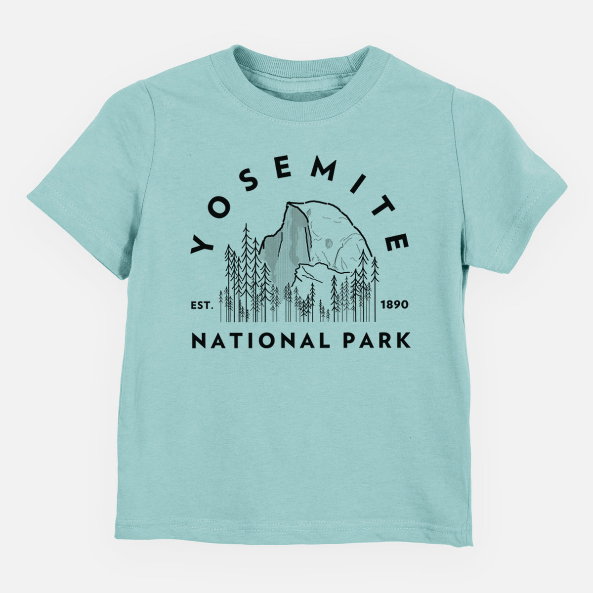 Saltwater toddler t-shirt laid flat, printed with a round badge of Half Dome and pine trees, with the words Yosemite National Park, Est. 1890.