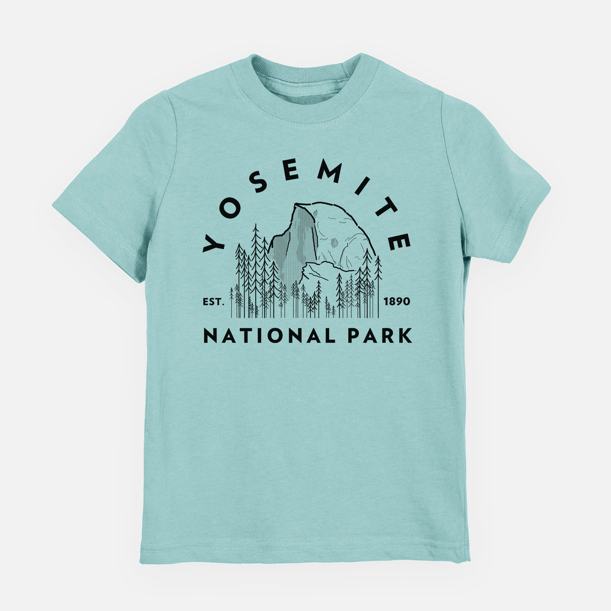 Saltwater youth t-shirt laid flat, printed with a round badge of Half Dome and pine trees, with the words Yosemite National Park, Est. 1890.