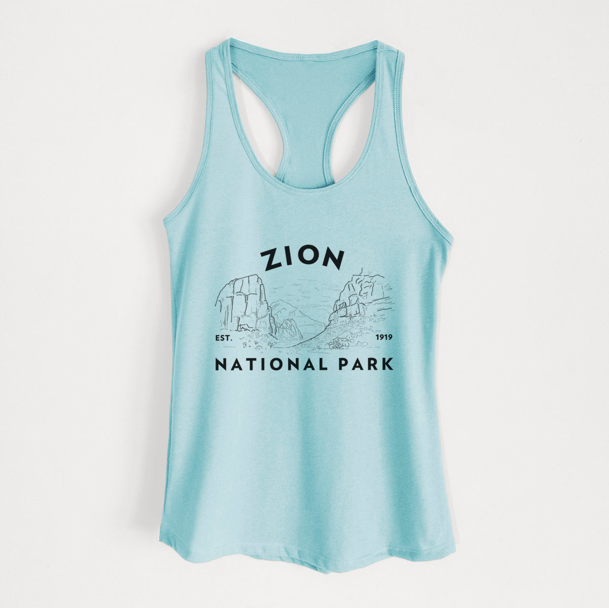 Cancun blue women's racerback tank top laid flat, printed with a round badge of canyon walls, with the words Zion National Park, Est. 1919.