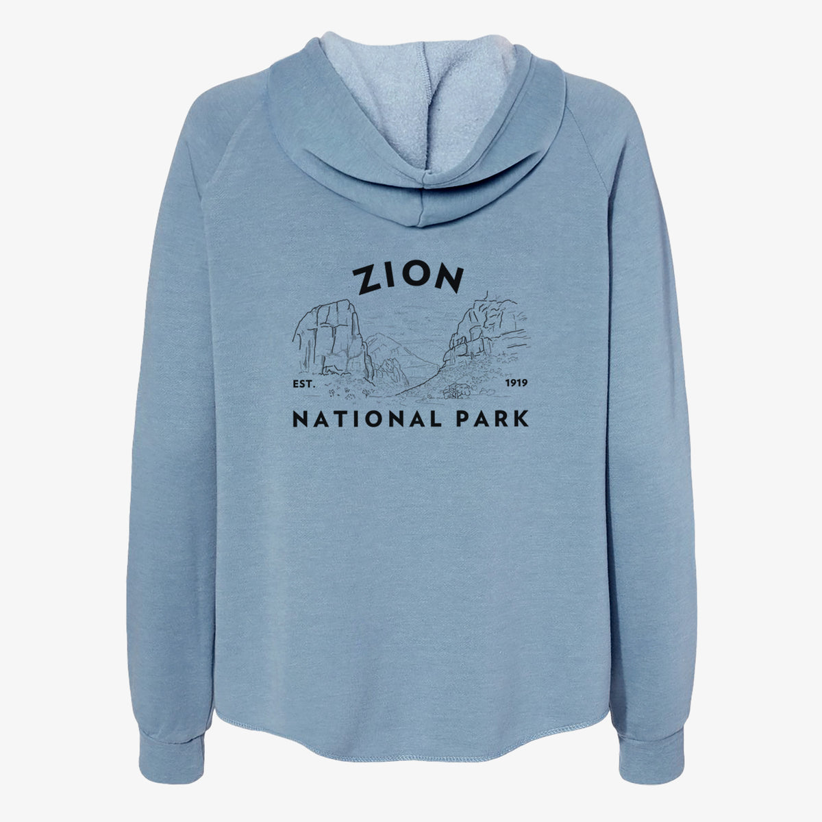 Misty blue women's Cali Wave zip-up sweatshirt laid flat, printed with a round badge of canyon walls, with the words Zion National Park, Est. 1919.