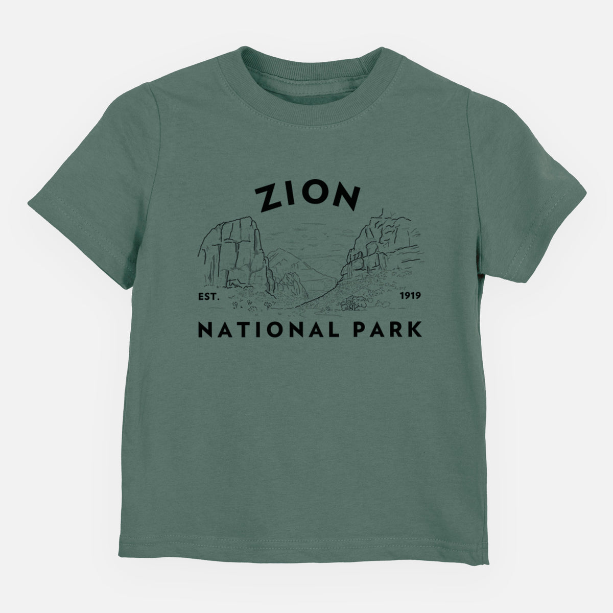 Basil green toddler t-shirt laid flat, printed with a round badge of canyon walls, with the words Zion National Park, Est. 1919.