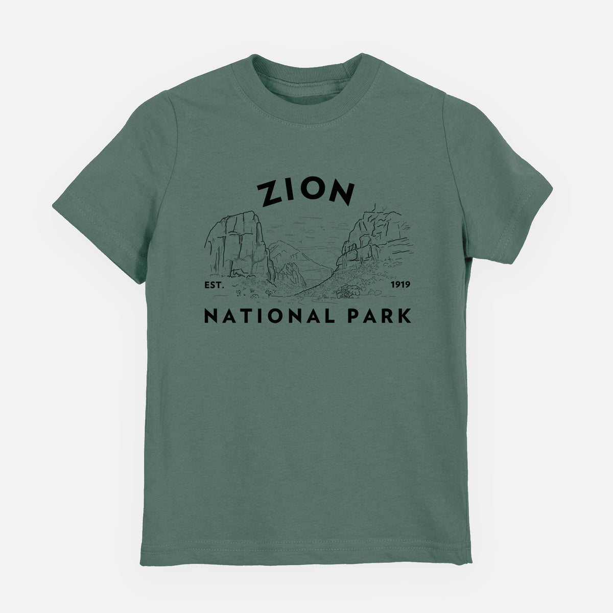 Basil green youth t-shirt laid flat, printed with a round badge of canyon walls, with the words Zion National Park, Est. 1919.