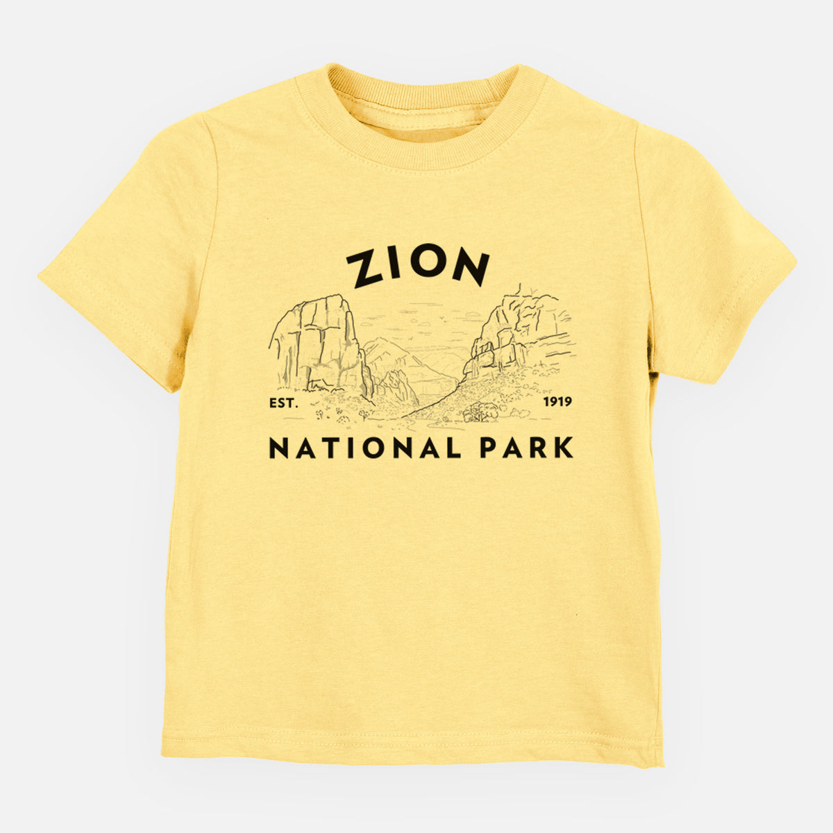 Butter yellow toddler t-shirt laid flat, printed with a round badge of canyon walls, with the words Zion National Park, Est. 1919.