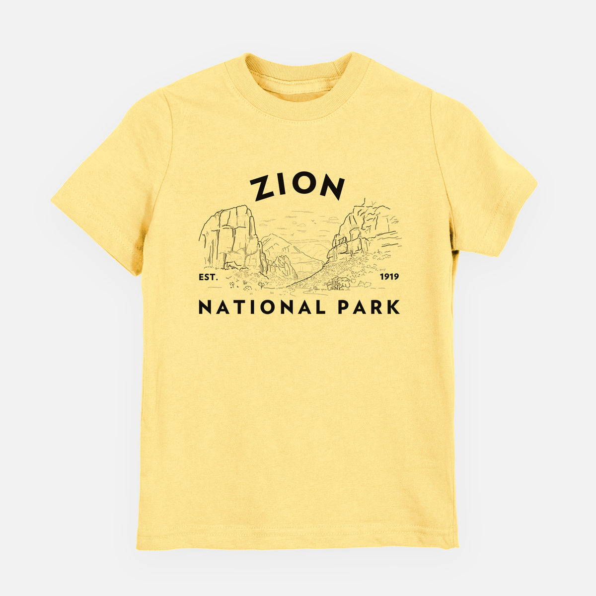 Butter yellow youth t-shirt laid flat, printed with a round badge of canyon walls, with the words Zion National Park, Est. 1919.