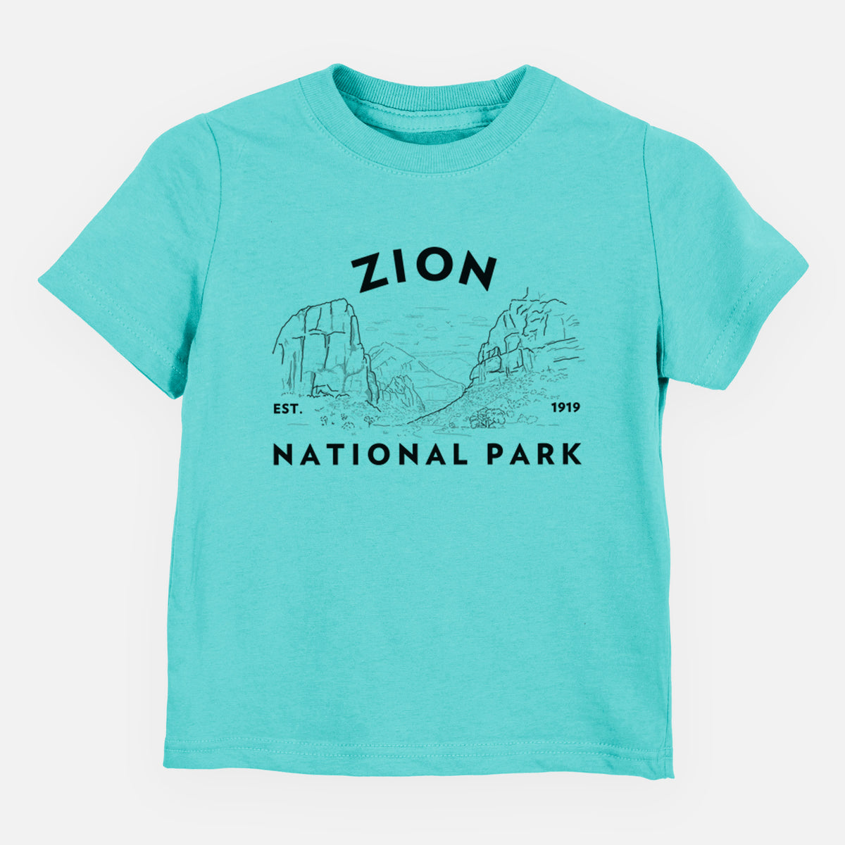 Caribbean blue toddler t-shirt laid flat, printed with a round badge of canyon walls, with the words Zion National Park, Est. 1919.