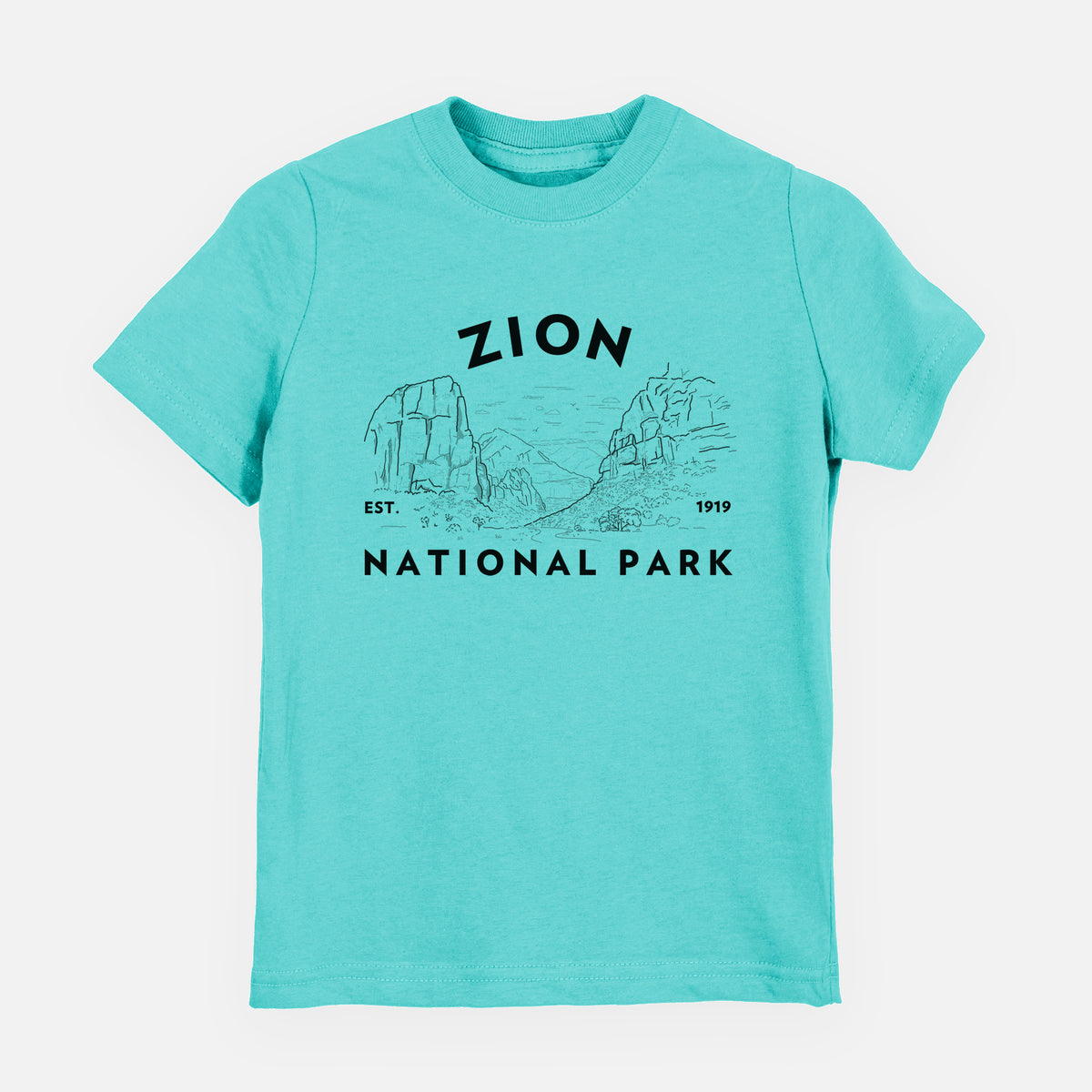 Caribbean blue youth t-shirt laid flat, printed with a round badge of canyon walls, with the words Zion National Park, Est. 1919.
