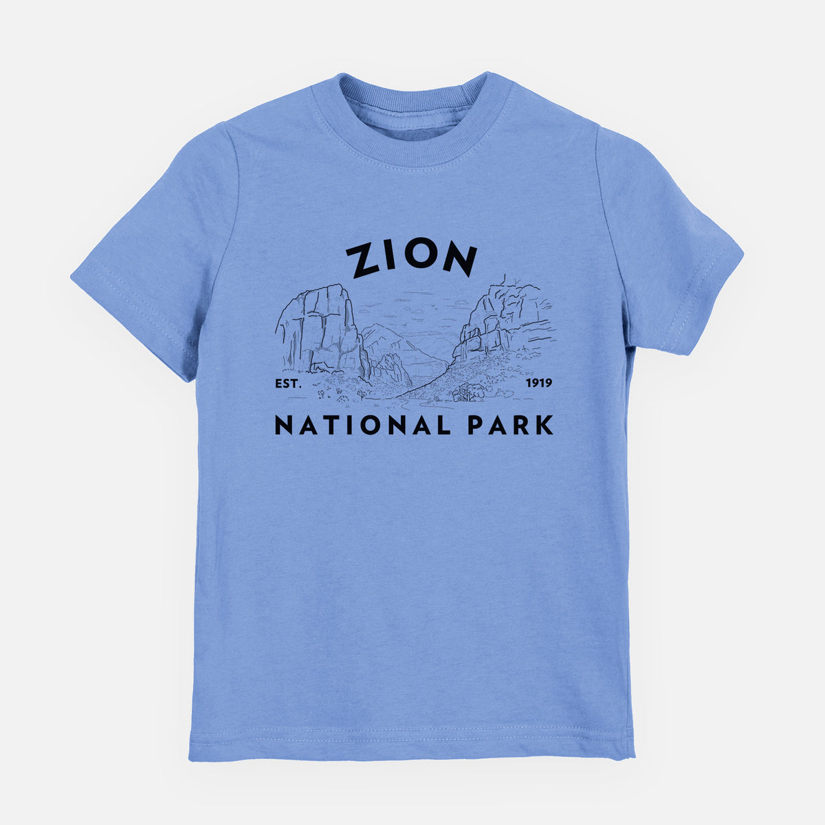 Carolina blue youth t-shirt laid flat, printed with a round badge of canyon walls, with the words Zion National Park, Est. 1919.