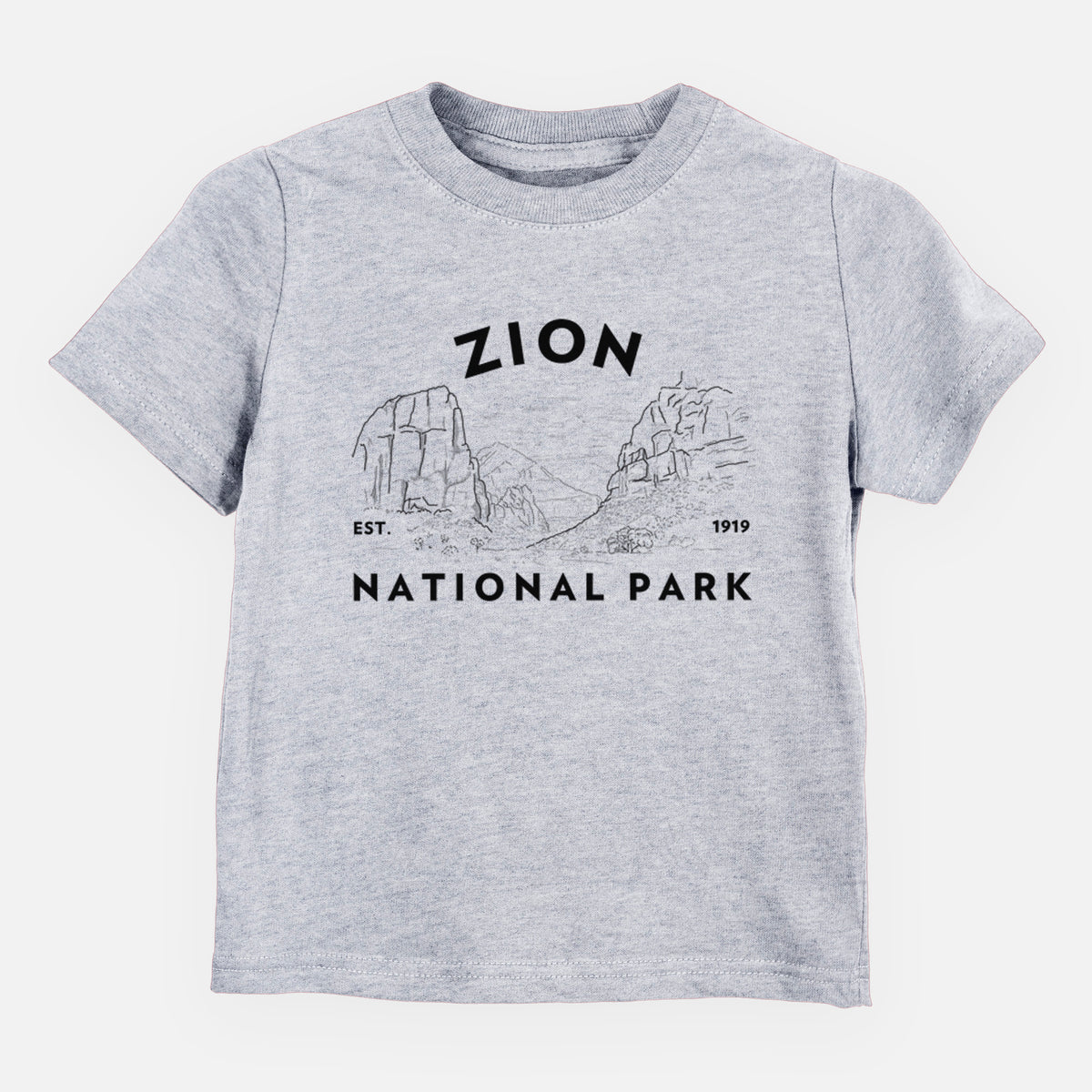 Heather grey toddler t-shirt laid flat, printed with a round badge of canyon walls, with the words Zion National Park, Est. 1919.