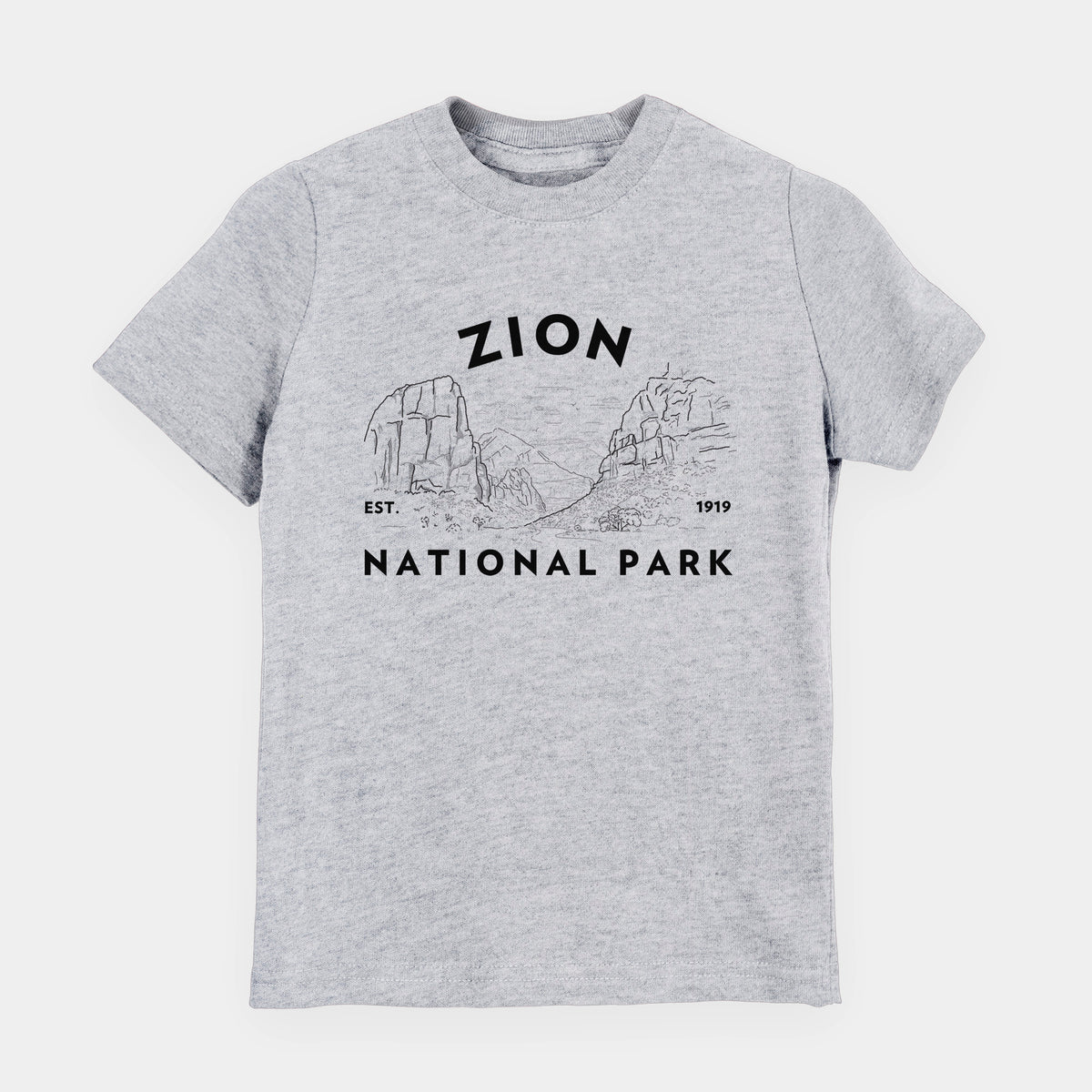 Heather grey youth t-shirt laid flat, printed with a round badge of canyon walls, with the words Zion National Park, Est. 1919.