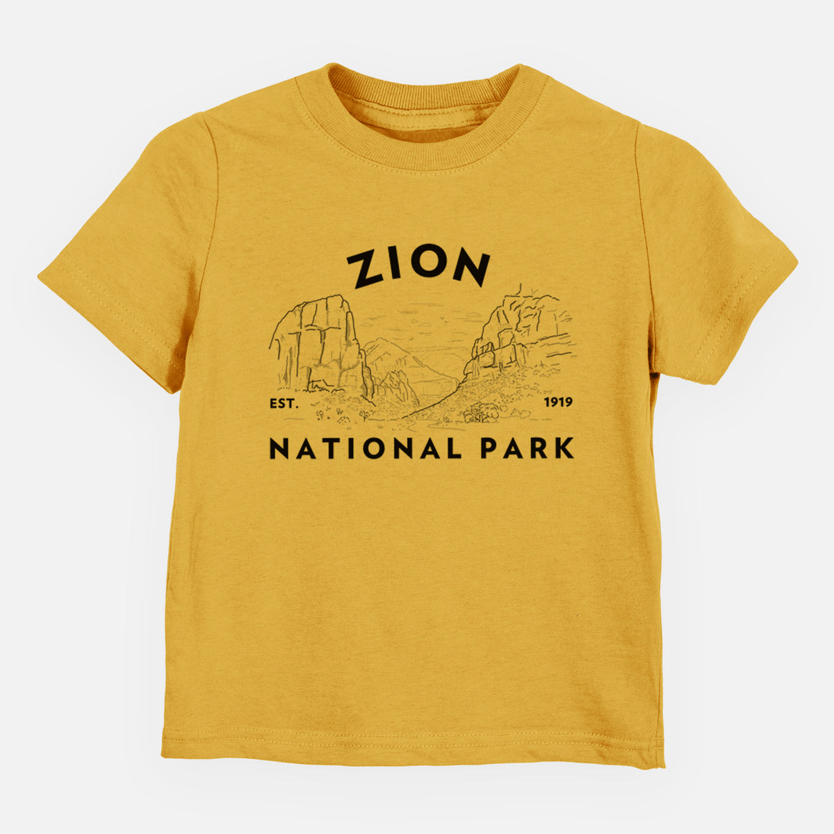 Honeycomb yellow toddler t-shirt laid flat, printed with a round badge of canyon walls, with the words Zion National Park, Est. 1919.