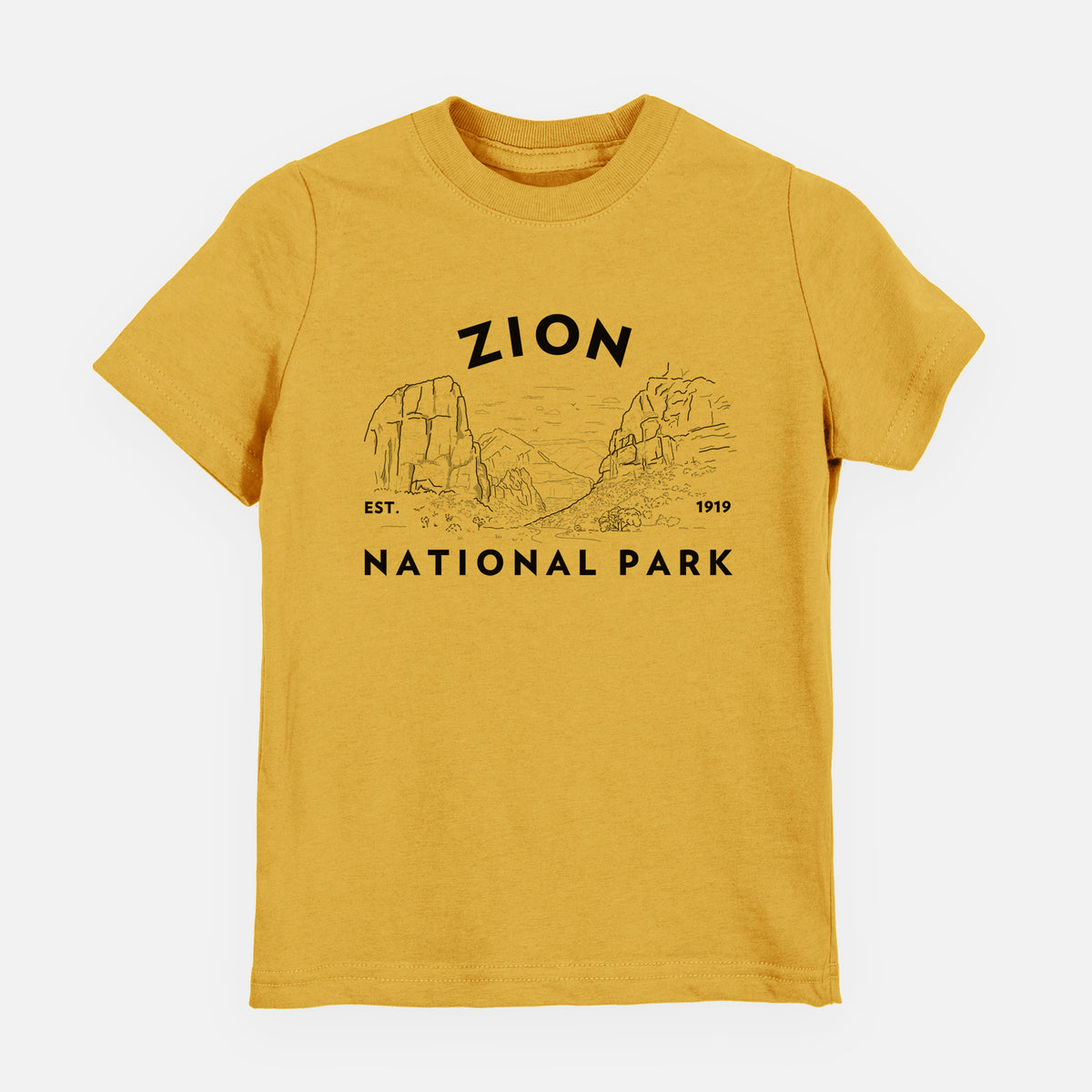 Honeycomb yellow youth t-shirt laid flat, printed with a round badge of canyon walls, with the words Zion National Park, Est. 1919.