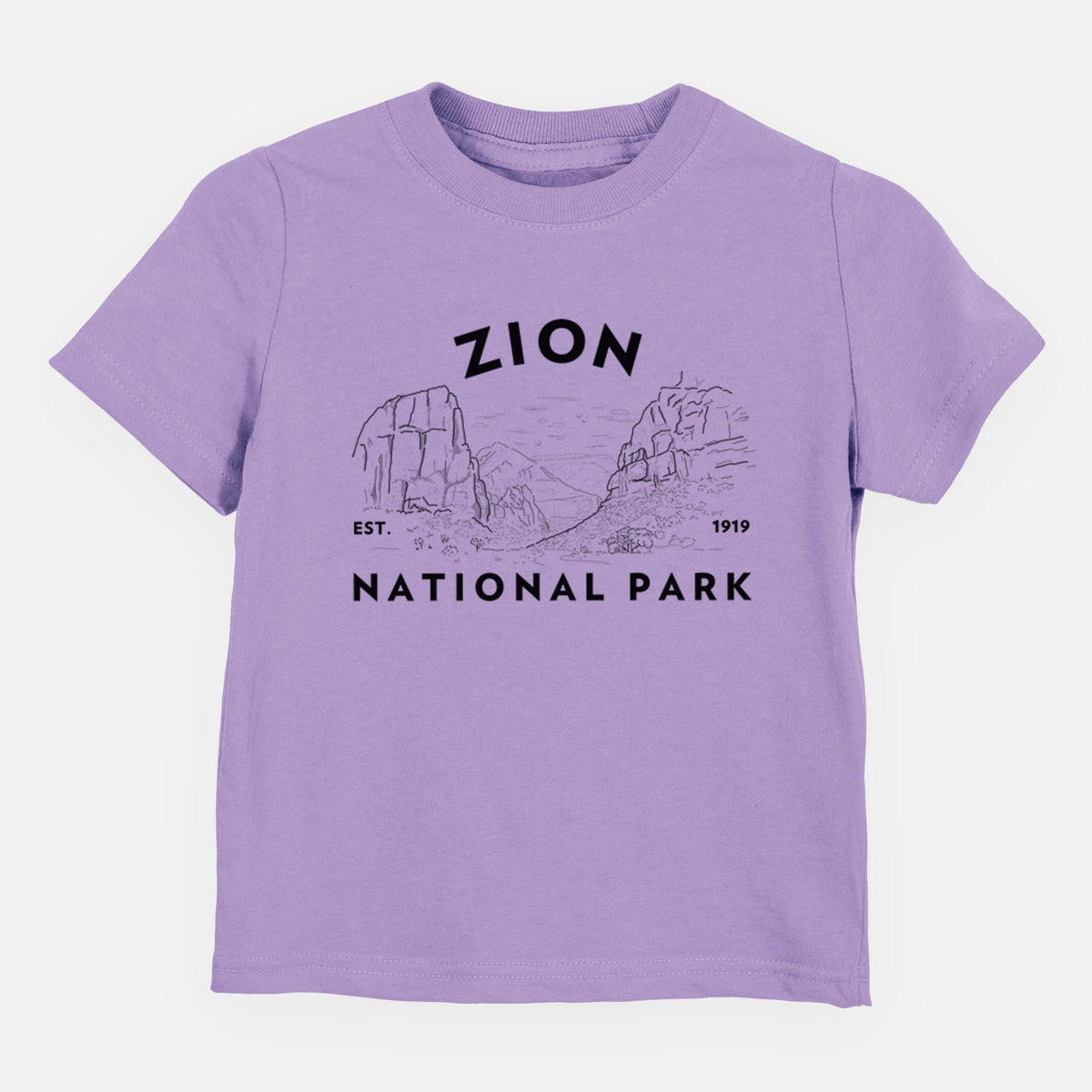 Lavender toddler t-shirt laid flat, printed with a round badge of canyon walls, with the words Zion National Park, Est. 1919.