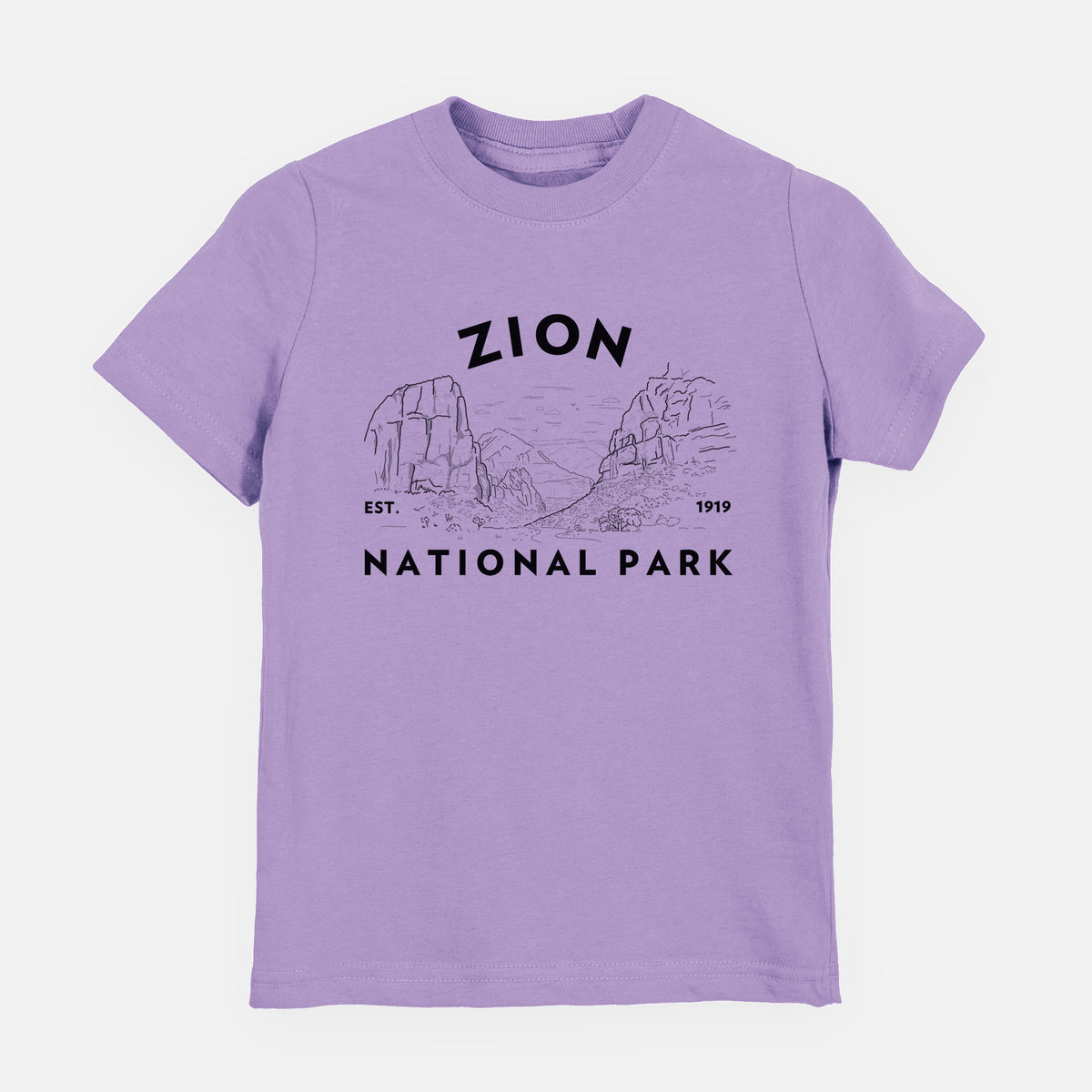 Lavender youth t-shirt laid flat, printed with a round badge of canyon walls, with the words Zion National Park, Est. 1919.