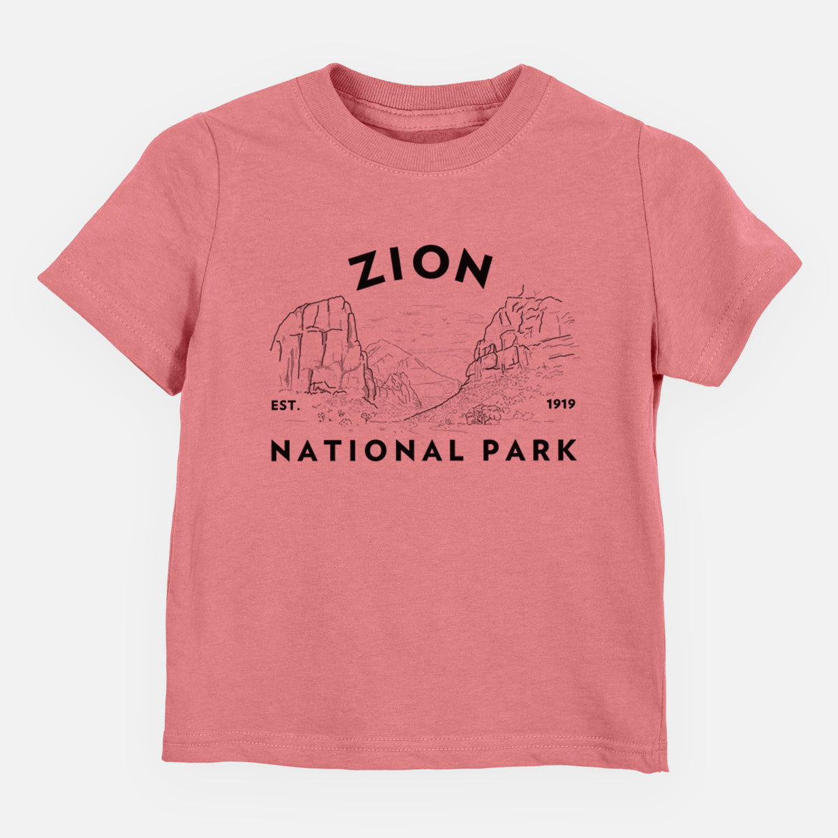 Mauve pink toddler t-shirt laid flat, printed with a round badge of canyon walls, with the words Zion National Park, Est. 1919.