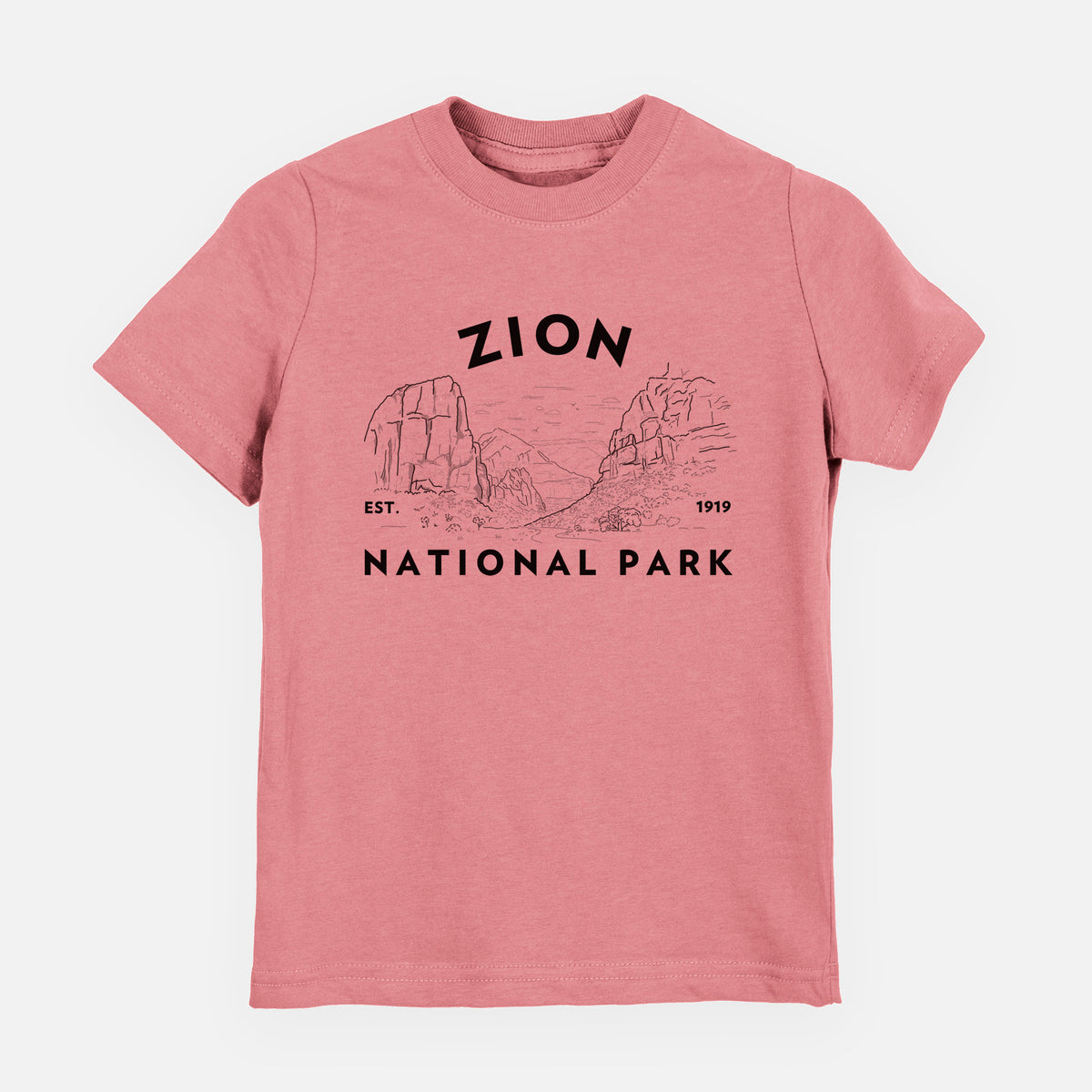 Mauve pink youth t-shirt laid flat, printed with a round badge of canyon walls, with the words Zion National Park, Est. 1919.