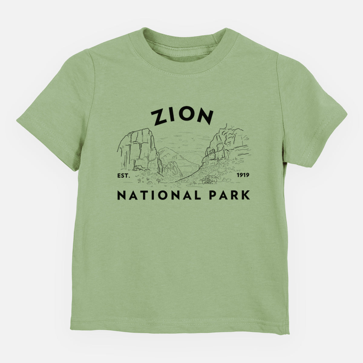 Sage green toddler t-shirt laid flat, printed with a round badge of canyon walls, with the words Zion National Park, Est. 1919.