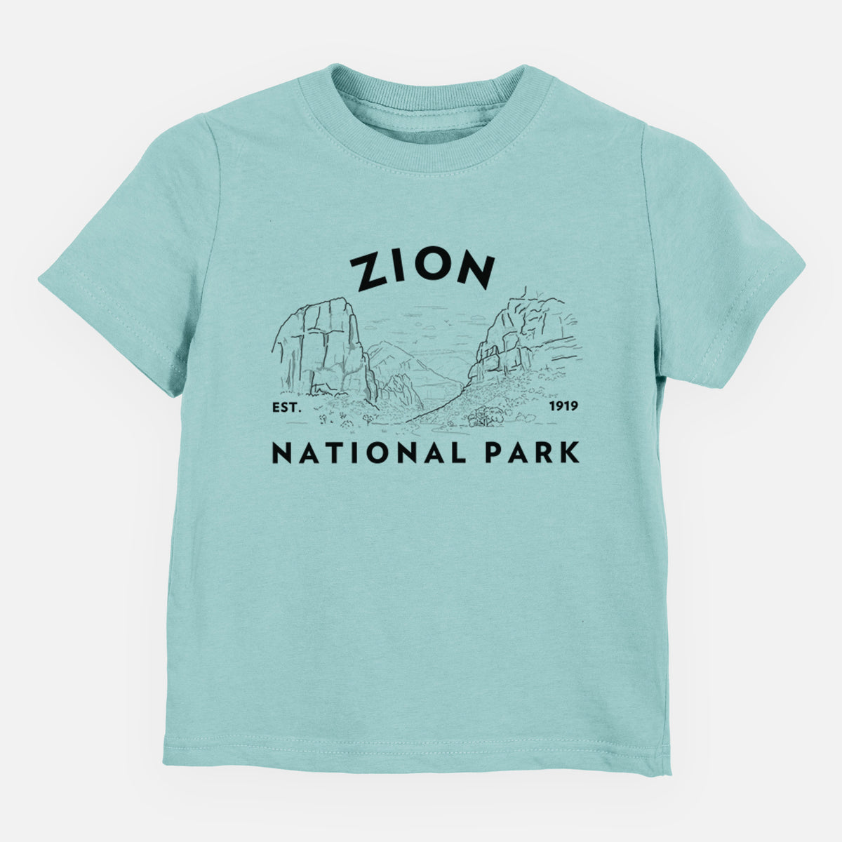 Saltwater toddler t-shirt laid flat, printed with a round badge of canyon walls, with the words Zion National Park, Est. 1919.