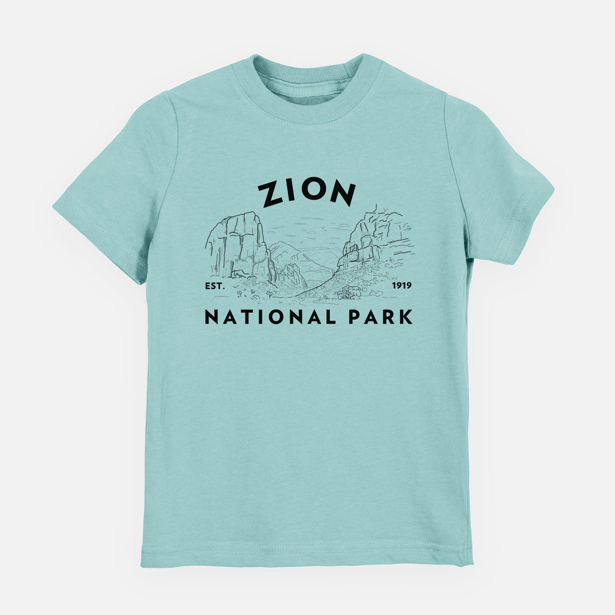 Saltwater youth t-shirt laid flat, printed with a round badge of canyon walls, with the words Zion National Park, Est. 1919.