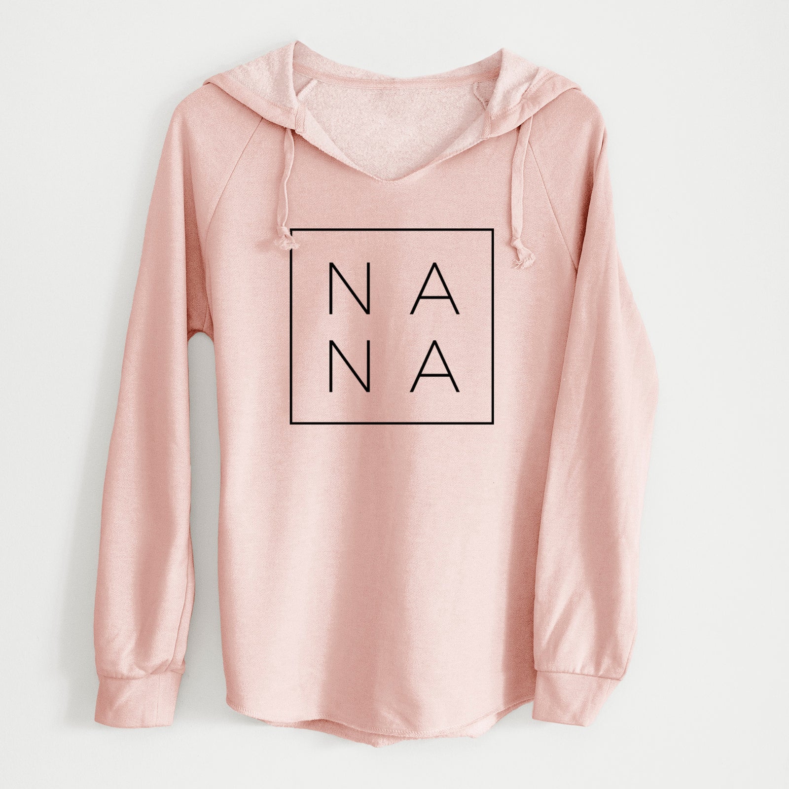 Blush pink women's Cali Wave hooded sweatshirt printed with the word NANA in thin black letters stacked inside a square outline.