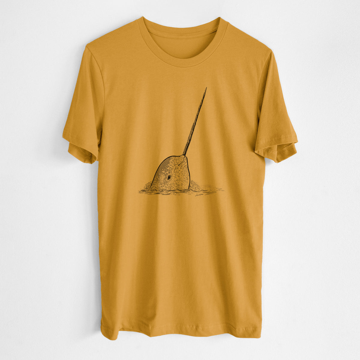 Honeycomb yellow lightweight cotton t-shirt laid flat, printed with a black ink illustration of a narwhal with its long spiral tusk pointing upward.