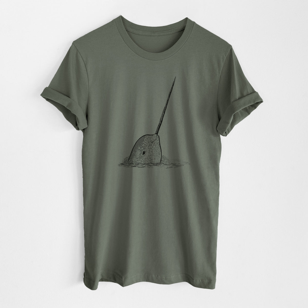 Military green lightweight cotton t-shirt laid flat, printed with a black ink illustration of a narwhal with its long spiral tusk pointing upward.