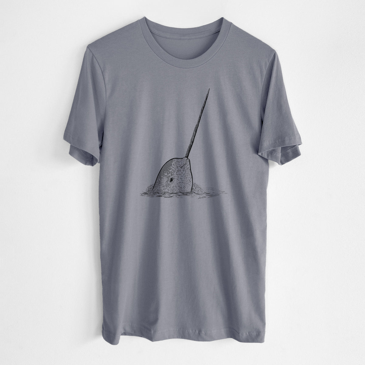 Storm grey lightweight cotton t-shirt laid flat, printed with a black ink illustration of a narwhal with its long spiral tusk pointing upward.
