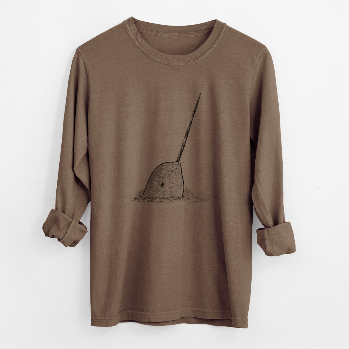 Espresso brown Comfort Colors long sleeve shirt laid flat with the cuffs rolled, printed with a black ink illustration of a narwhal with its long spiral tusk pointing upward.